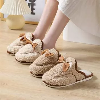 Хлопковые тапочки с бабочкой и узлом для женщин зимой, симпатичный домашний декор, домашняя нескользящая обувь, новые шерстяные тапочки для зимы 36 бежевый