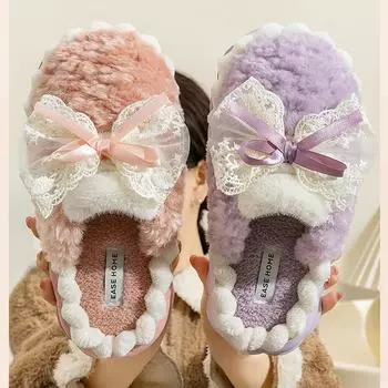 Хлопковые тапочки с бантиком для женщин, домашние зимние утепляющие нескользящие плюшевые тапочки на толстой подошве 38-39 розовый
