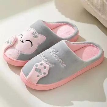 Хлопковые тапочки женские осень/зима новые мультяшные счастливые кошки корейская версия милые теплые домашние теплые тапочки Pantuflas Mujer 35-36