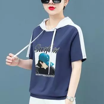 Хлопковые тонкие толстовки с короткими рукавами и капюшоном, женские свободные толстовки с принтом, футболки XXXXL темно-синий