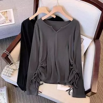 Хлопковые топы больших размеров для женщин, осенние удобные эластичные футболки с длинными рукавами и внутренней частью, одноцветные топы с v-образным вырезом M чёрный