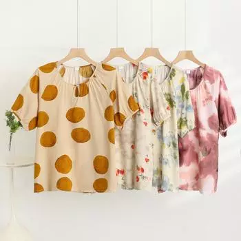 Хлопковые топы, летние хлопковые шелковые футболки с короткими рукавами, женские принтованные, большого размера, свободные, тонкие, с низом S чёрный