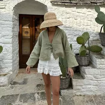 Хлопковые топы, женские свободные однотонные рубашки на шнуровке с v-образным вырезом, новинка лета 2024, повседневная мягкая женская рубашка с длинными рукавами S белый