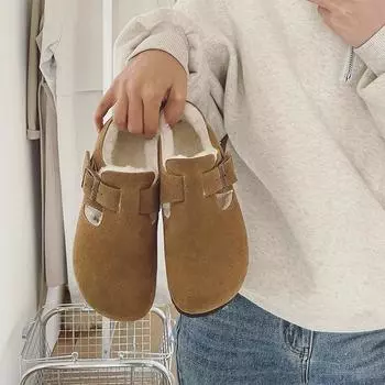 Хлопковые туфли Ботинки Ботинки Ботинки Ботинки из натуральной кожи с внутренней стороны, плюшевые, утолщенные, зимние туфли, верхняя одежда, меховые туфли на одну ногу, с большой головой 35 малиновый