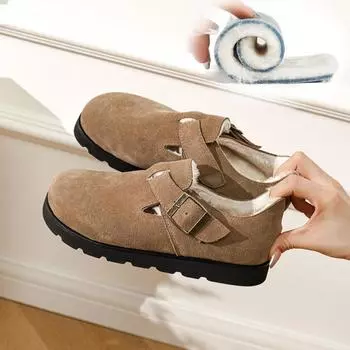 Хлопковые туфли с подкладкой и утолщенным мехом зимние туфли для улицы хлопковые тапочки с большой головой туфли с толстой подошвой из натуральной кожи мохнатые туфли боккен 34