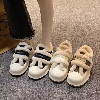 Хлопковые туфли женские зимние бархатные 2024 новые на толстой подошве маффин липучки пушистые теплые повседневные маленькие белые туфли хлебные туфли 35 чёрный