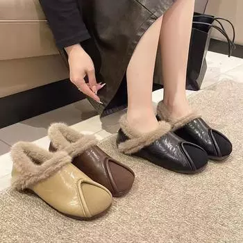 Хлопковые туфли женские зимние новые 2024 года мягкие на мягкой подошве пушистые туфли модные туфли Doudou с одной педалью 35 чёрный