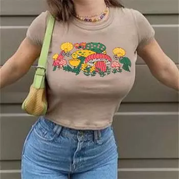 Хлопковые удобные женские футболки с длинными рукавами и принтом, милые повседневные уличные укороченные топы, узкая рубашка Y2k, милые шикарные футболки для девочек в стиле Харадзюку S серый