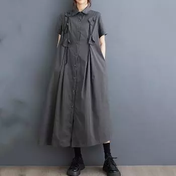 Хлопковые винтажные новые платья больших размеров с короткими рукавами для женщин, повседневное свободное длинное летнее платье-рубашка чёрный