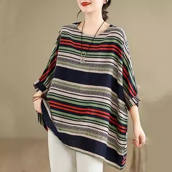 Хлопковые винтажные полосатые повседневные свободные длинные топы больших размеров с короткими рукавами, женская летняя футболка