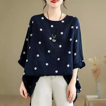 Хлопковые винтажные повседневные свободные длинные топы в горошек больших размеров с короткими рукавами, женская летняя футболка синий