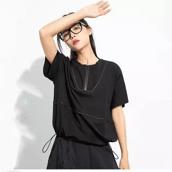 Хлопковые винтажные повседневные свободные топы больших размеров с короткими рукавами, женская летняя футболка чёрный
