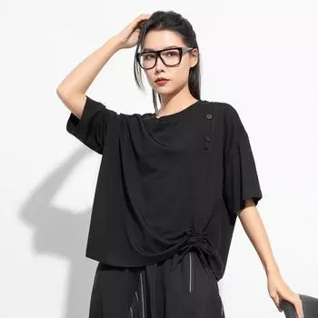 Хлопковые винтажные повседневные свободные топы больших размеров с короткими рукавами, женская летняя футболка чёрный