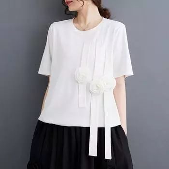 Хлопковые винтажные повседневные свободные топы больших размеров с короткими рукавами, женская летняя футболка чёрный