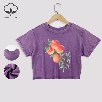 Хлопковые выстиранные футболки с принтами свежих персиков, летние кроп-топы с кружевной отделкой по низу, повседневная одежда с эффектом потертости, с круглым вырезом и короткими рукавами M
