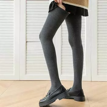 Хлопковые женские чулки 80 см осень-зима теплые длинные носки высокие чулки Лолита однотонные гольфы чулки One Size чёрный