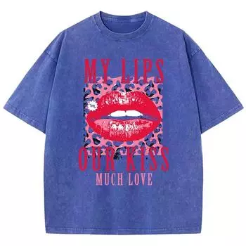 Хлопковые женские футболки с кислотной стиркой Мои губы Наш поцелуй Принт с надписью Футболки Удобные топы оверсайз Уличная одежда S