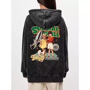 Хлопковые женские худи с кислотной стиркой, в американском ретро-стиле, с принтом комиксов, уличная одежда оверсайз, с карманом, теплые пуловеры, осенняя одежда M