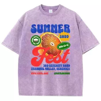 Хлопковые женские выстиранные футболки Летние Свежие Оранжевые Футболки с принтом Удобные С круглым вырезом Оверсайз Топы Женская одежда S