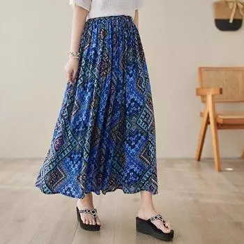 Хлопковый атлас больших размеров, винтажная летняя повседневная свободная длинная женская юбка с высокой талией