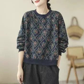 Хлопковый бархатный свитер, женский осенне-зимний принт с полувысоким воротником, гарнитура, повседневные свободные универсальные утолщенные топы с длинными рукавами, женские M