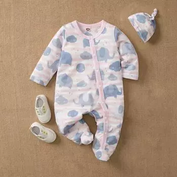 Хлопковый детский комбинезон для маленьких девочек, комбинезон с длинными рукавами, одежда для новорожденных мальчиков, милый комбинезон с принтом слона + шапки S