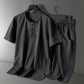 Хлопковый и льняной костюм Тан, мужская китайская летняя тонкая футболка с короткими рукавами, льняной костюм, мужской костюм в китайском стиле Ханьфу 6XL чёрный