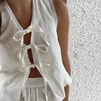 Хлопковый и льняной жилет, шнуровка, бант, V-образный вырез, укороченный топ, женская повседневная рубашка без рукавов, летняя свободная тонкая майка, универсальная S белый