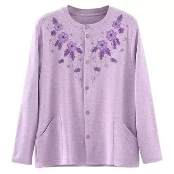 Хлопковый кардиган на пуговицах для женщин среднего возраста с длинными рукавами, осенняя рубашка с кардиганом, базовый слой, пальто из ниток, плотная однослойная куртка, рубашки XL светло-фиолетовый