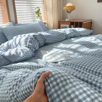 Хлопковый комплект из 4 предметов из хлопка, окрашенного пряжей и прошедшего стирку, 100% хлопок, клетчатый пододеяльник, студенческое общежитие, набор из трех предметов 1.2 m 3pc quilt 1.5*2m