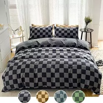 Хлопковый комплект постельного белья из 4 предметов, пододеяльник, наволочка, простой большой клетчатый комплект с принтом, полный двойной размер King Full Size синий