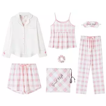 Хлопковый комплект Rose Halcyon и Loungewear с длинными и идеальными для и летних женских пижам, домашней одежды, комплект, 7 предметов: рукава, брюки, майка, осень,