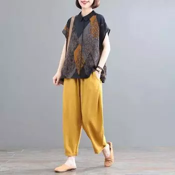 Хлопковый костюм размера плюс, женская летняя футболка с короткими рукавами, свободный топ, девять брюк, комплект из двух предметов L
