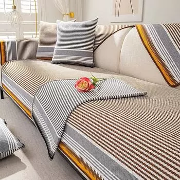 Хлопковый льняной чехол для дивана в полоску, универсальный чехол на четыре сезона для гостиной, утепленный Нескользящий чехол для диванной подушки, мебельный пылезащитный чехол 70x70cm 1pcs