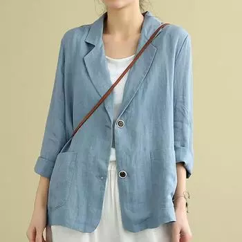 Хлопковый льняной костюм, винтажный пиджак, корейский летний тонкий кардиган на пуговицах с длинными рукавами, женская верхняя одежда M чёрный