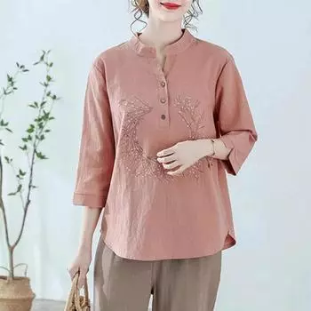 Хлопковый льняной топ для лета, женская свободная женская одежда, утягивающая льняная футболка, прикрывающая живот в китайском стиле, блузки, рубашки M синий
