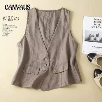 Хлопковый льняной жилет Топ без рукавов Куртка больших размеров с v-образным вырезом Повседневный жилет без рукавов Тонкая верхняя одежда Жилет для женщин