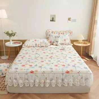 Хлопковый наматрасник с цветочным принтом, двуспальная кровать, размер Queen King, кружево с рюшами, простыня, наматрасник, протектор, одинарный, 120x200 см 120x200cm 47x79inch