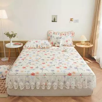 Хлопковый наматрасник с цветочным принтом, двуспальная кровать, размер Queen King, кружево с рюшами, простыня, наматрасник, протектор, одинарный, 120x200 см 120x200cm 47x79inch