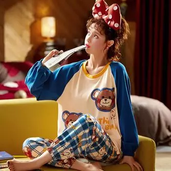 Хлопковый пижамный комплект с длинными рукавами и длинными штанами, женская пижама для девочек, большой размер, свободный домашний комплект в клетку M