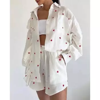Хлопковый пижамный комплект с принтом в виде сердца для женщин, блузка с длинным рукавом, комплект с шортами, повседневная свободная рубашка, женский короткий комплект из 2 предметов для дома S