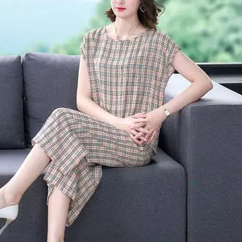 Хлопковый шелковый комплект. Пижамы для среднего и пожилого возраста. Женская летняя тонкая домашняя одежда. Можно носить как комплект из двух предметов с короткими рукавами большого размера. M