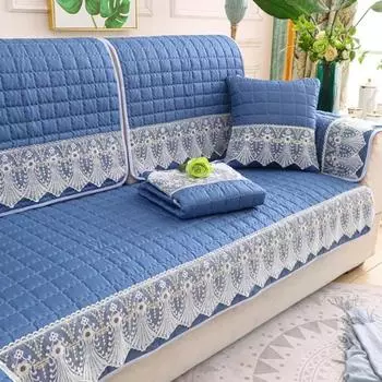 Хлопковый стеганый чехол для дивана с цветочным узором в синюю клетку, чехлы для секционных диванов, нескользящие чехлы для диванов, защитные чехлы для мебели для собак, домашних животных и детей 70x70cm синий
