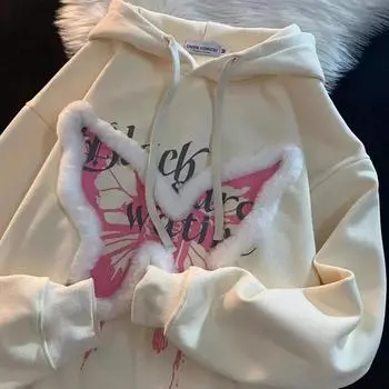 Свитшот для женщин, свободный, длинный рукав, хлопковый джемпер, свитшот с бабочкой, повседневный, свободный, крутой свитшот M белый