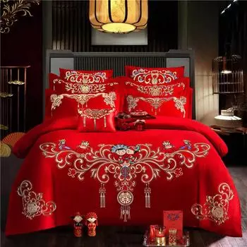 Хлопковый свадебный комплект из четырех предметов, утолщенный хлопок с начесом, комплект из нескольких предметов, китайский свадебный комплект с вышивкой для тяжелой промышленности, свадебный комплект 1.5m bed sheet 4PCS