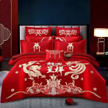 Хлопковый свадебный комплект из четырех предметов, утолщенный хлопок с начесом, комплект из нескольких предметов, китайский свадебный комплект с вышивкой для тяжелой промышленности, свадебный комплект 1.5m bed sheet 4pcs