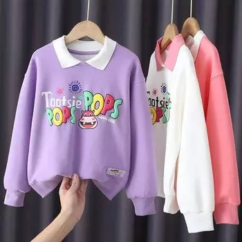 Хлопковый свитер для девочек, осенне-зимний новый пуловер с длинными рукавами и лацканами, топы 120