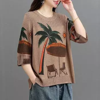Хлопковый свитер для женщин размера плюс, осенний свободный свитер с круглым вырезом в стиле ретро, удобный и универсальный эластичный вязаный свитер M