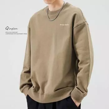 Хлопковый свитер мужской свободный плюс размер толстый тренд базовый повседневный топ круглый вырез длинный рукав осень M хаки