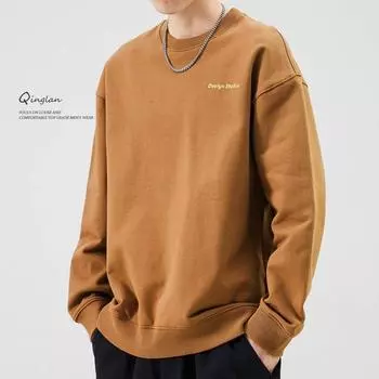 Хлопковый свитер мужской свободный плюс размер толстый тренд базовый повседневный топ круглый вырез длинный рукав осень M хаки